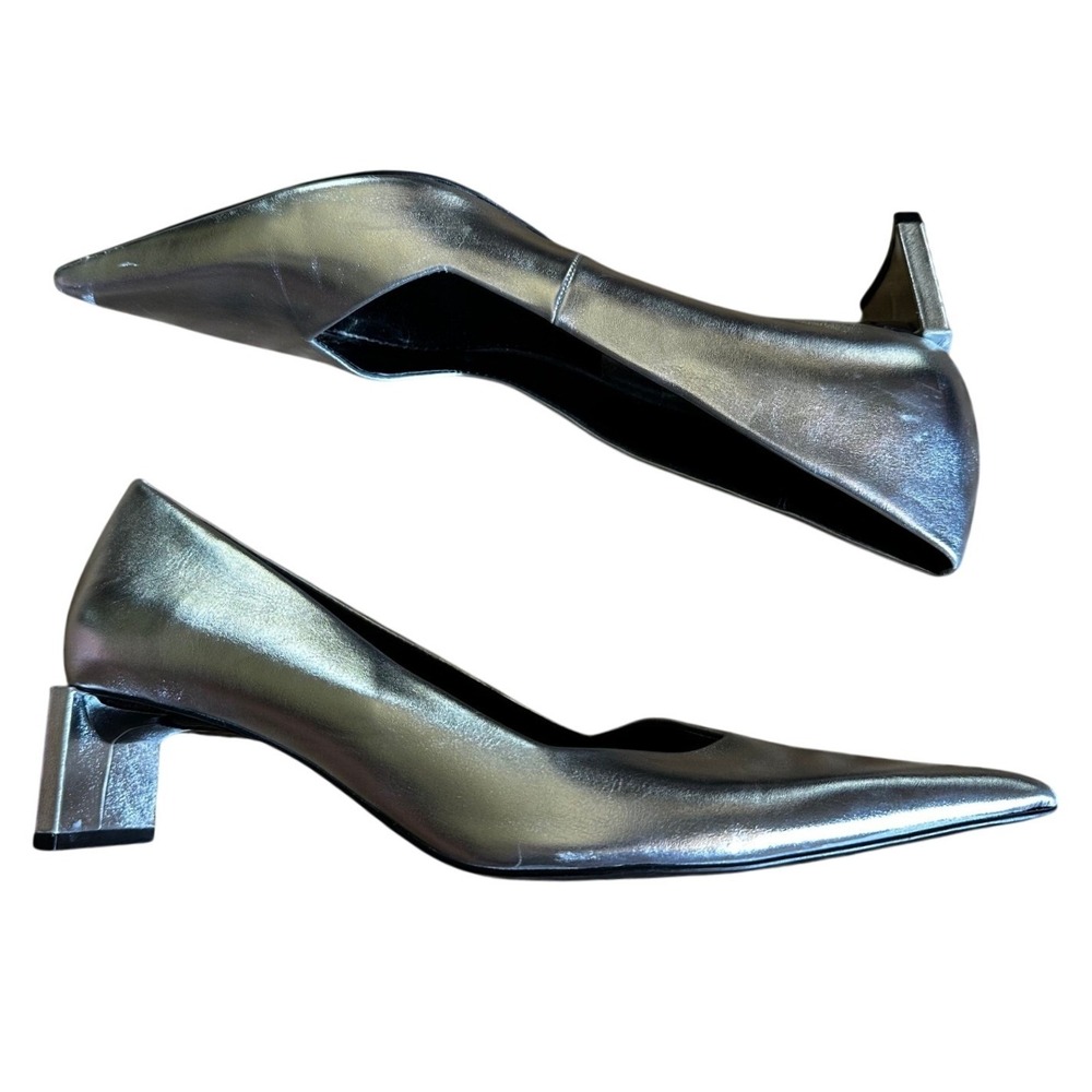 Zara Metallic Silver Pointed Toe Block Heel Pumps Women's EU 39
